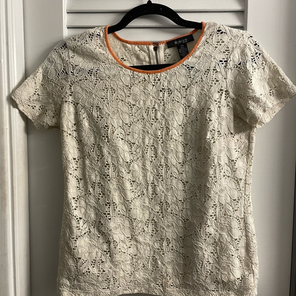 Y2K Style & Co Cream Lace w/Attached Cami-Peach Trimmed Collar Statement Zipper